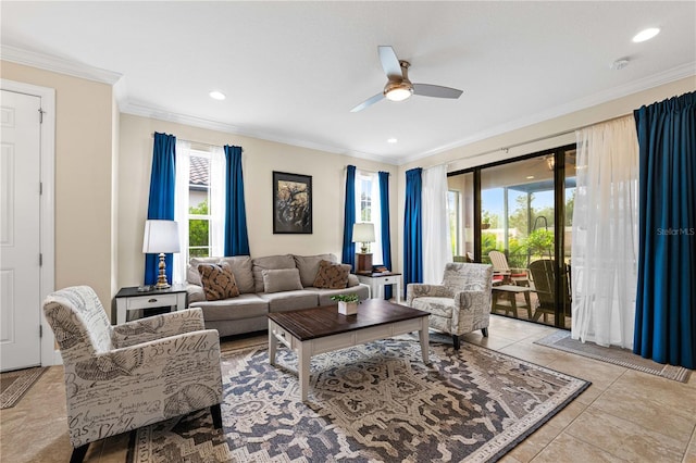 tiled living room with a wealth of natural light, ornamental molding, and ceiling fan