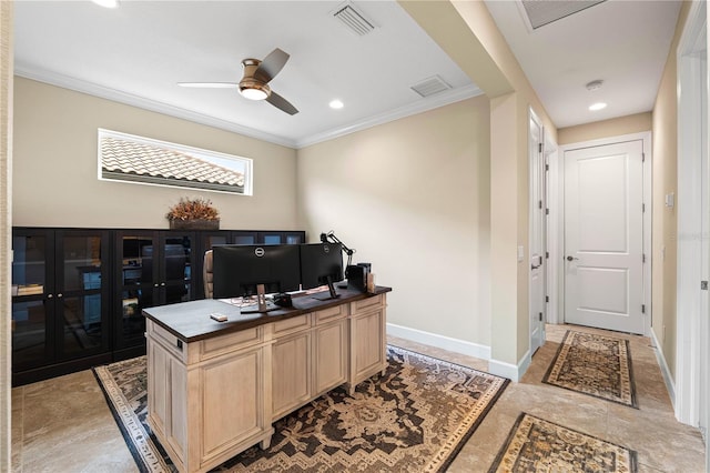 office space featuring ornamental molding and ceiling fan