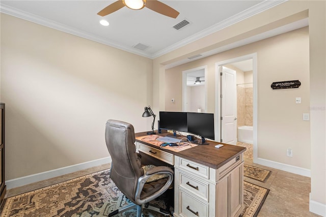 office space featuring crown molding, ceiling fan, and light tile patterned flooring