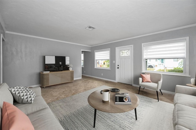 living room with ornamental molding and a wealth of natural light