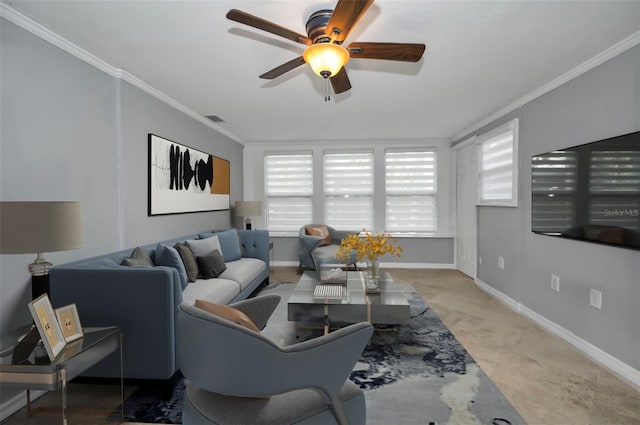 living room featuring ornamental molding and ceiling fan