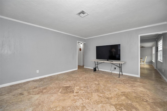 unfurnished living room featuring crown molding and a textured ceiling