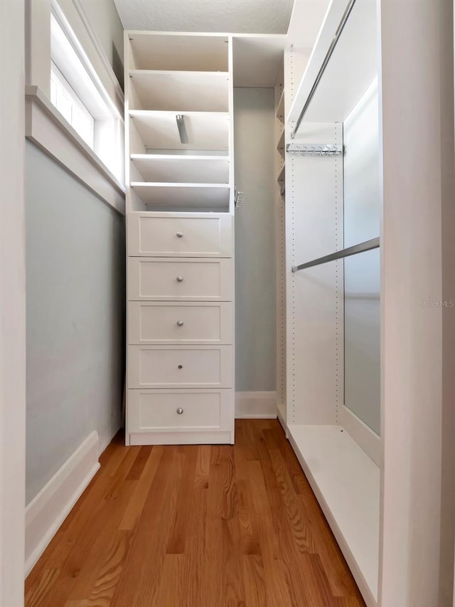 walk in closet with light hardwood / wood-style floors