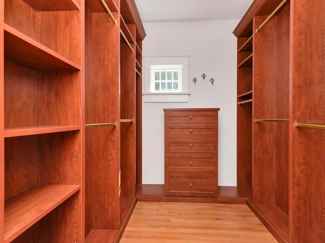 walk in closet with light hardwood / wood-style floors