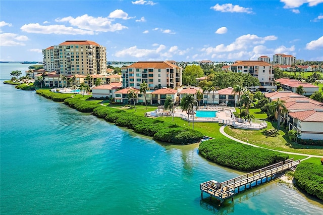 drone / aerial view featuring a water view