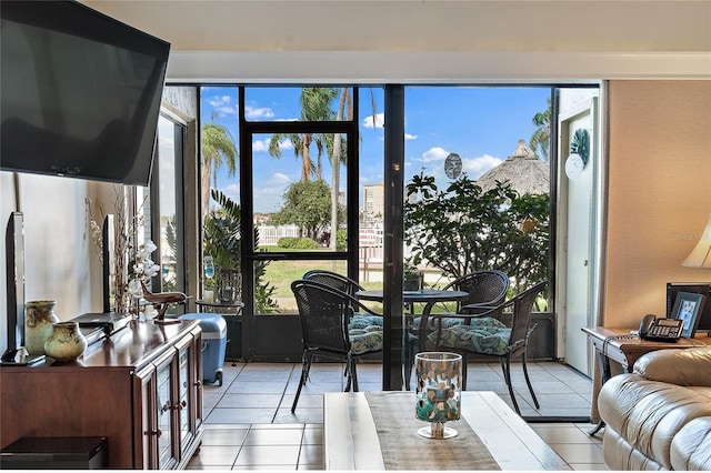 living room featuring light tile patterned floors