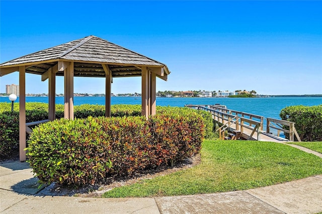 dock area featuring a water view and a gazebo