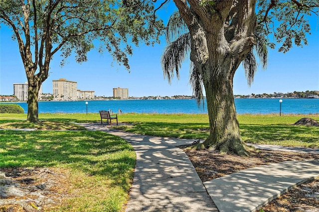 view of home's community featuring a water view and a lawn