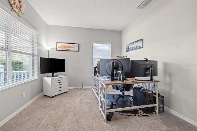 office area featuring a healthy amount of sunlight, carpet floors, and a textured ceiling