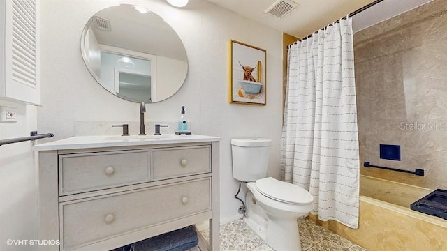 full bathroom featuring vanity, toilet, and shower / bathtub combination with curtain