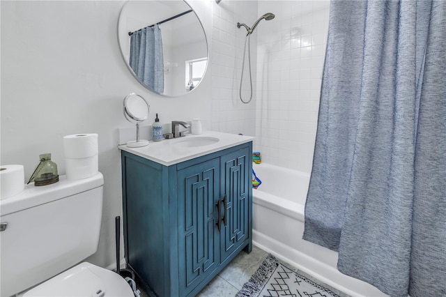 full bathroom with shower / bathtub combination with curtain, vanity, tile patterned flooring, and toilet