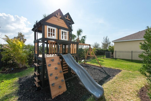 view of jungle gym featuring cooling unit and a lawn