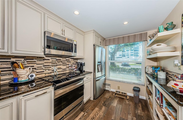 kitchen featuring tasteful backsplash, stainless steel appliances, dark hardwood / wood-style floors, and dark stone counters