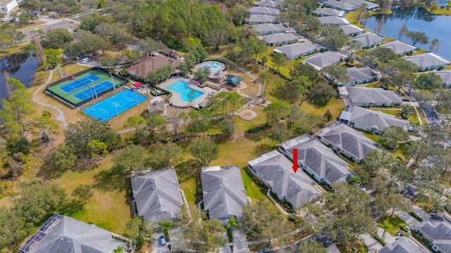 drone / aerial view featuring a water view