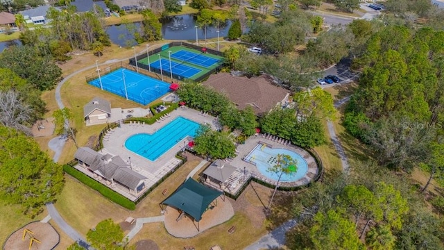 bird's eye view with a water view