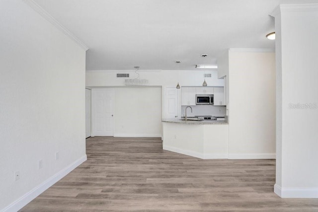 unfurnished living room with crown molding, sink, and light hardwood / wood-style floors