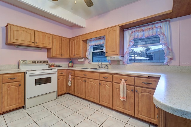 kitchen with ceiling fan, sink, electric range, and beam ceiling