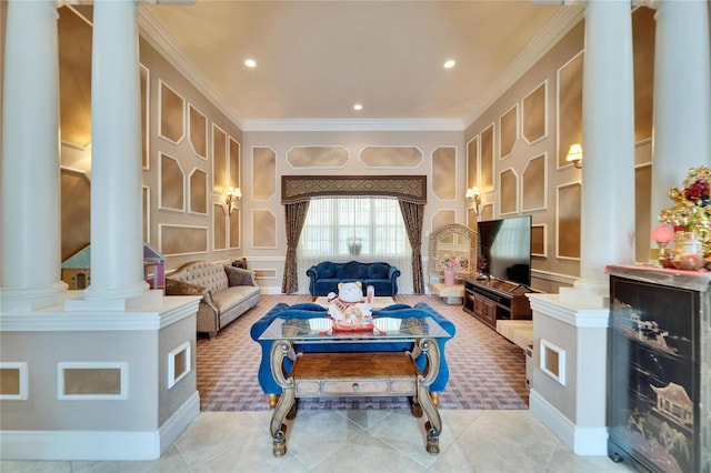 tiled living room with decorative columns and ornamental molding