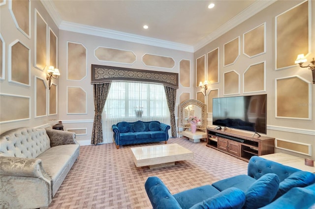 carpeted living room with crown molding and a towering ceiling