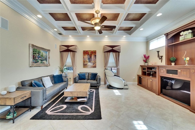 tiled living room featuring coffered ceiling, ceiling fan, crown molding, and beamed ceiling