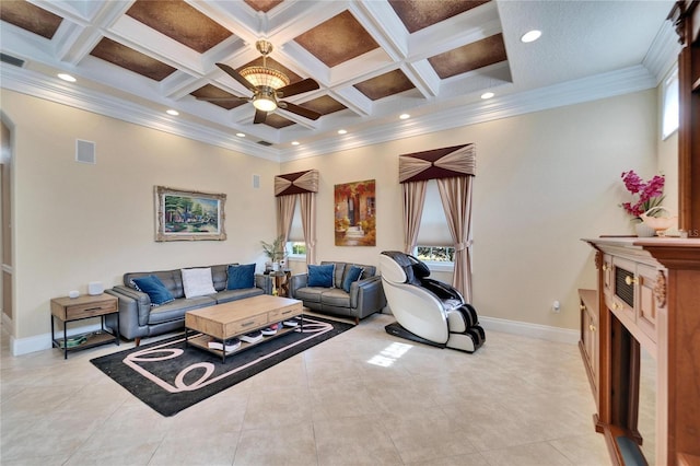 living room featuring crown molding, coffered ceiling, and beamed ceiling