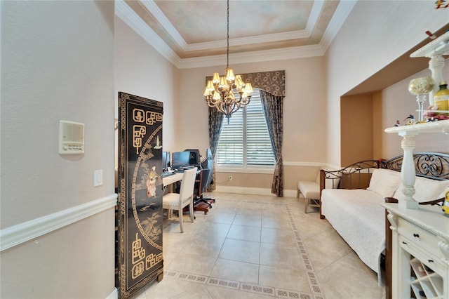 tiled office with ornamental molding, a raised ceiling, and a chandelier