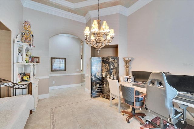 tiled office space with an inviting chandelier and crown molding