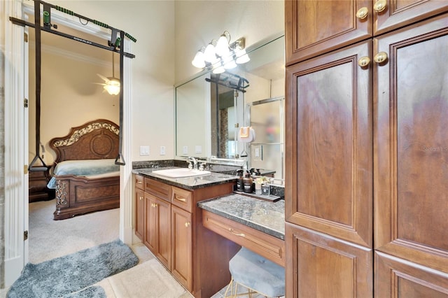 bathroom featuring walk in shower and vanity