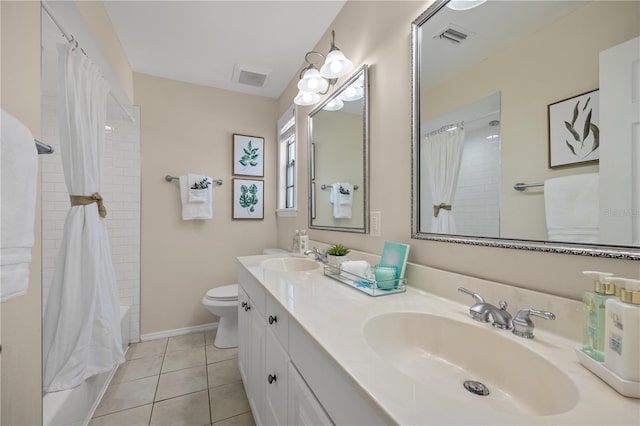 full bathroom with shower / bathtub combination with curtain, tile patterned floors, toilet, and vanity