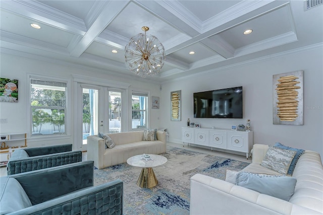 living area with visible vents, coffered ceiling, an inviting chandelier, crown molding, and beam ceiling