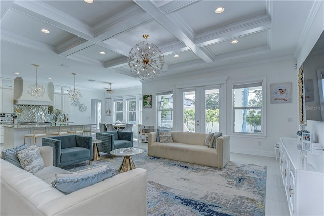 living area with french doors, crown molding, and beamed ceiling