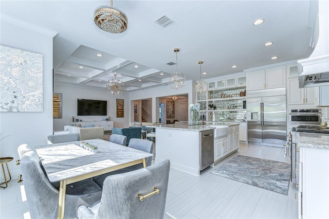 dining room with visible vents, coffered ceiling, stairway, beamed ceiling, and recessed lighting