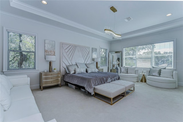 carpeted bedroom featuring recessed lighting, baseboards, visible vents, and ornamental molding