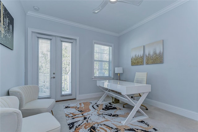 home office with carpet, baseboards, crown molding, and french doors