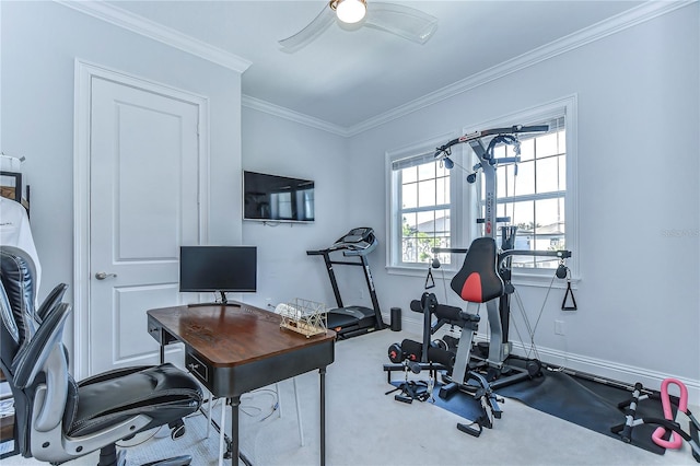 workout area with ornamental molding, carpet, baseboards, and a ceiling fan