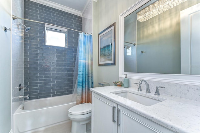 full bath with ornamental molding, shower / tub combo, vanity, and toilet