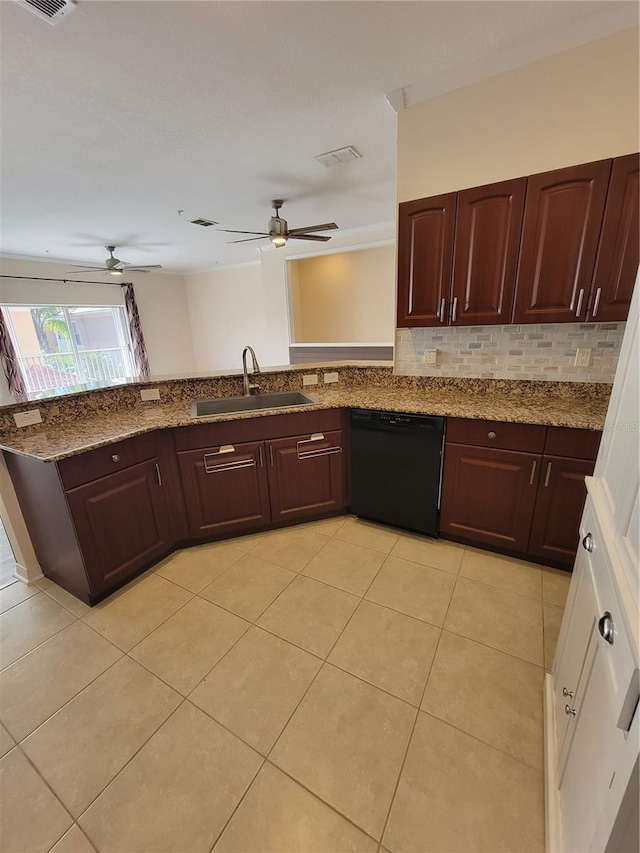 kitchen with dishwasher, sink, decorative backsplash, ceiling fan, and light stone counters