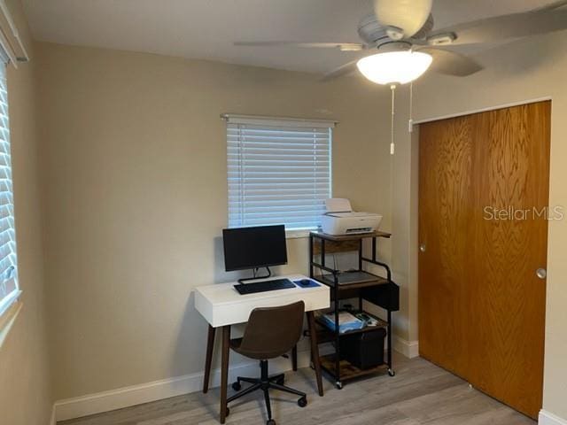 office featuring ceiling fan and light hardwood / wood-style flooring