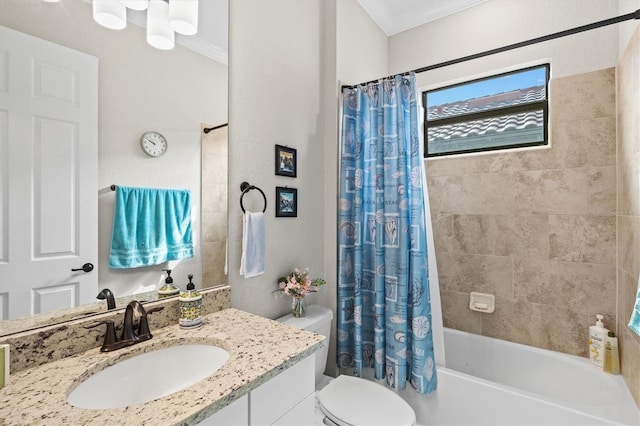 full bathroom featuring toilet, ornamental molding, shower / tub combo with curtain, and vanity