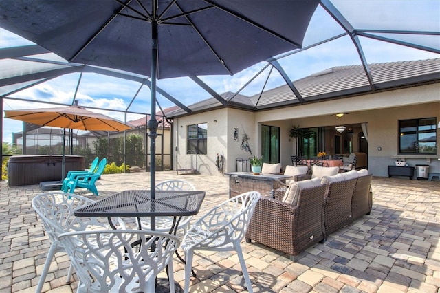 view of patio with glass enclosure, outdoor dining area, outdoor lounge area, and a hot tub