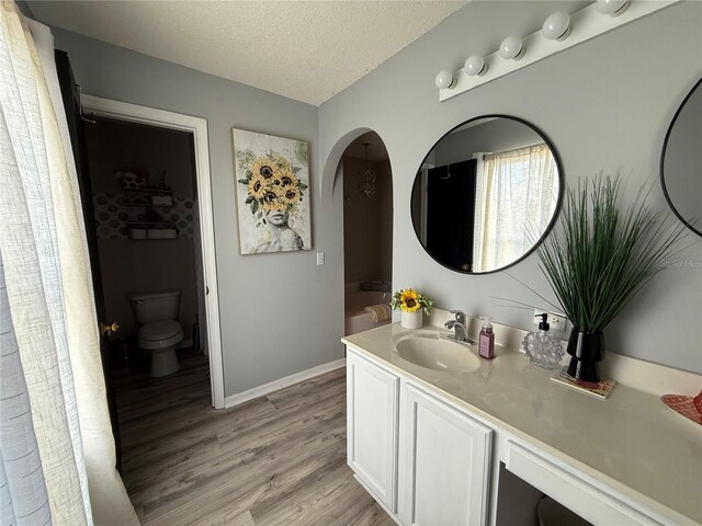 bathroom with wood-type flooring, vanity, a textured ceiling, and toilet