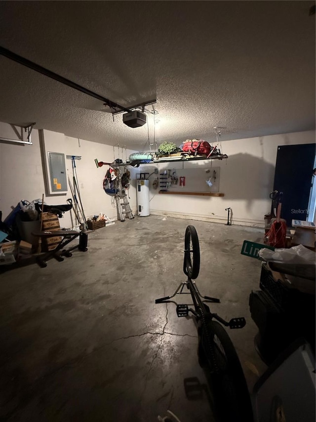 garage with a garage door opener and electric panel