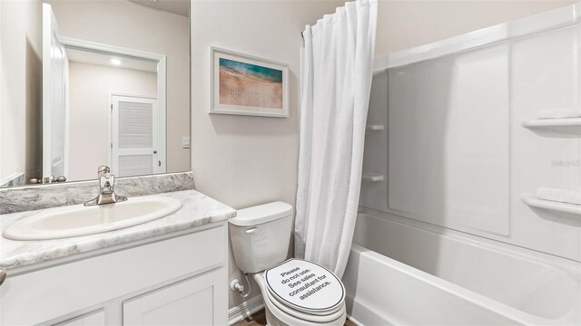 full bathroom featuring vanity, toilet, and shower / tub combo with curtain