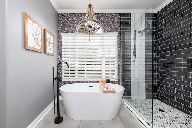 bathroom featuring crown molding, shower with separate bathtub, tile patterned flooring, and a notable chandelier