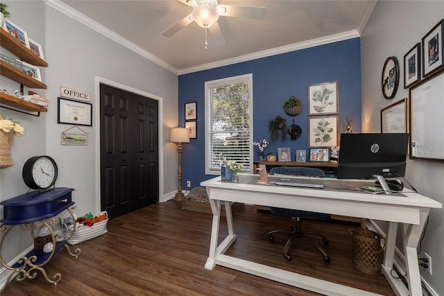 office space featuring crown molding, ceiling fan, and dark hardwood / wood-style flooring