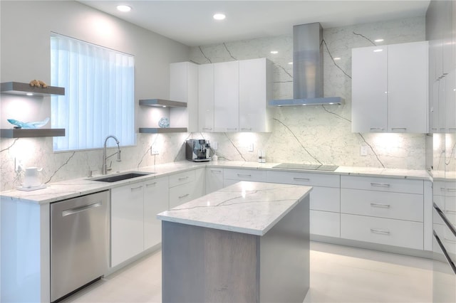 kitchen with wall chimney exhaust hood, white cabinetry, a center island, black electric cooktop, and stainless steel dishwasher