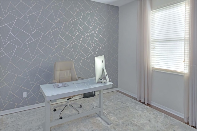 home office featuring tile walls