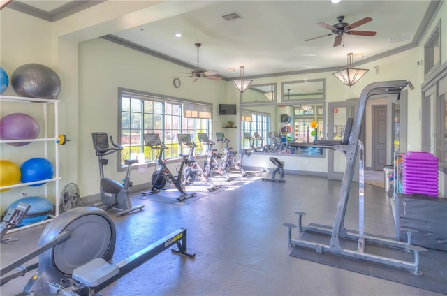 workout area with crown molding and ceiling fan