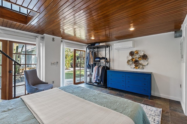 bedroom with access to outside, wooden ceiling, and an AC wall unit