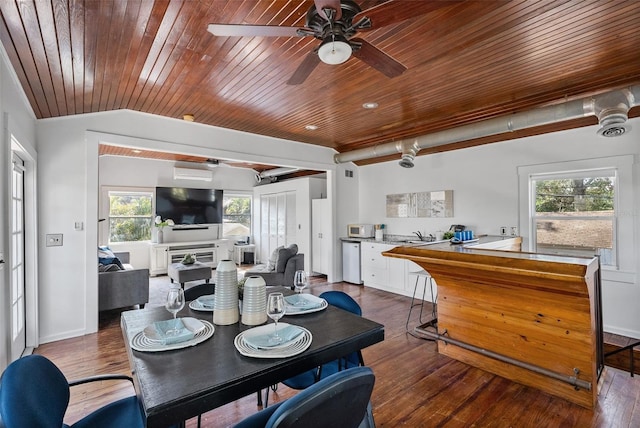 dining area featuring hardwood / wood-style flooring, vaulted ceiling, ceiling fan, and wood ceiling